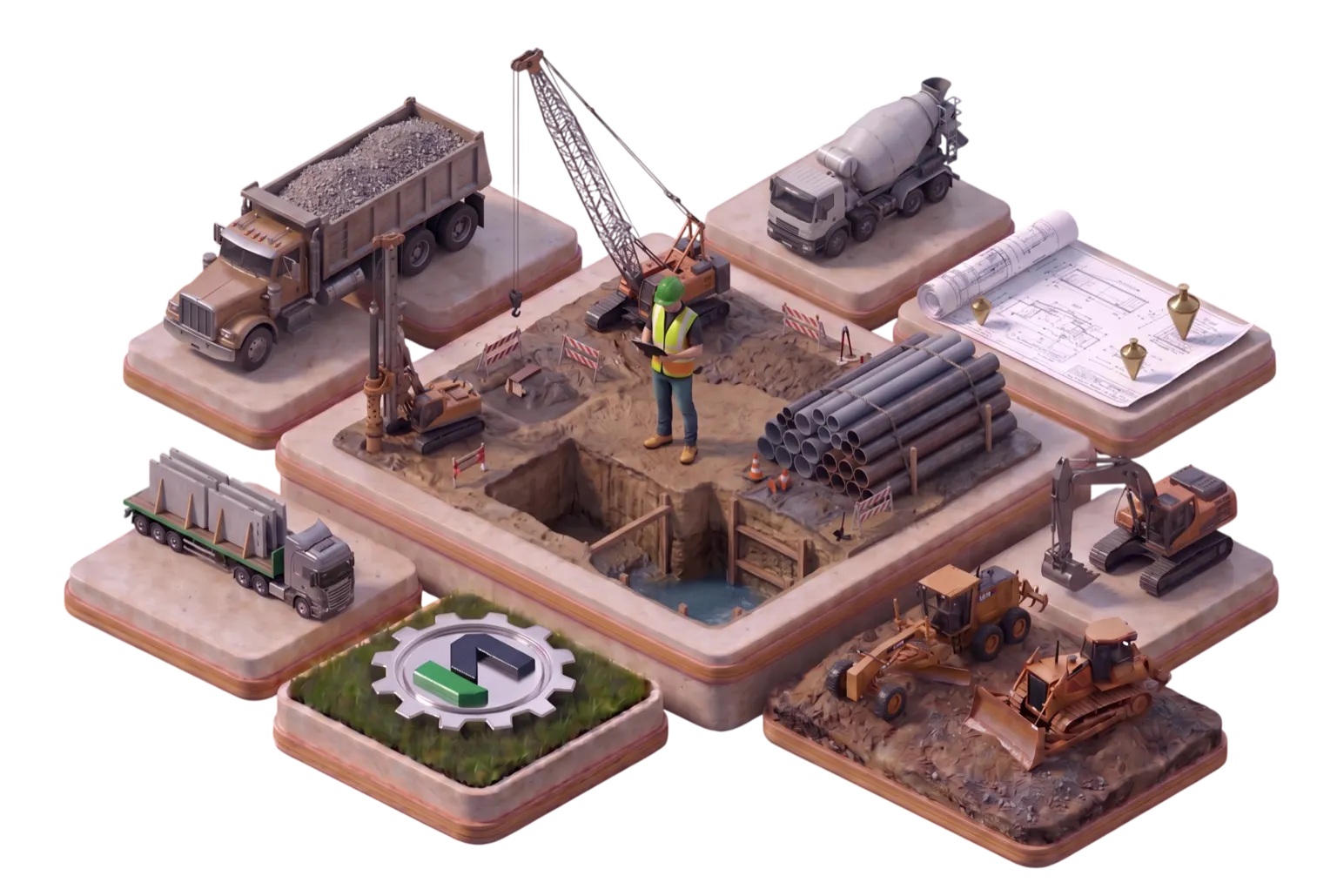 Isometric construction site with bulldozer, dump truck, excavator, crane, and field crew