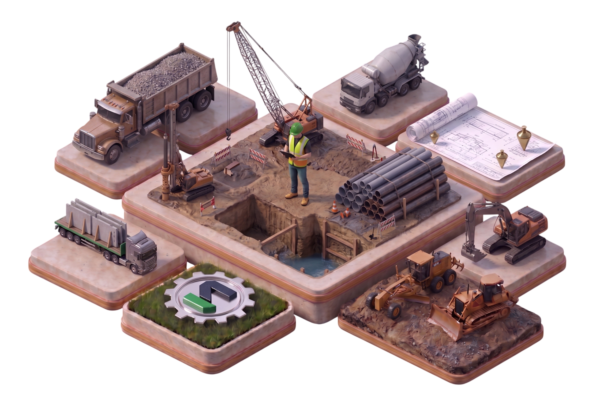 Isometric construction site with bulldozer, dump truck, excavator, crane, and field crew